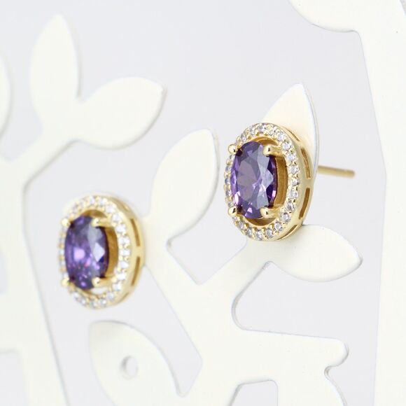 925 Sterling Silver CUBIC ZIRCONIA STUDS, Purple Stone Stud Earrings - Picture 5 of 10